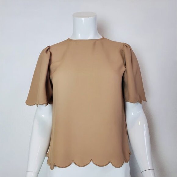 Express Tan Scallop Hem & Sleeve Crew Neck Blouse XL - Picture 1 of 13